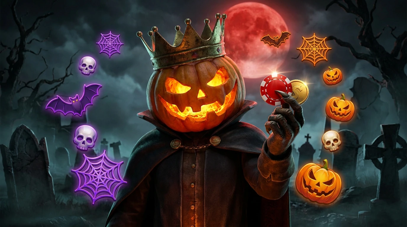 Mroczny król Halloween z głową dyni i złotą koroną, otoczony nietoperzami, czaszkami i pajęczynami na cmentarzu w blasku czerwonego księżyca