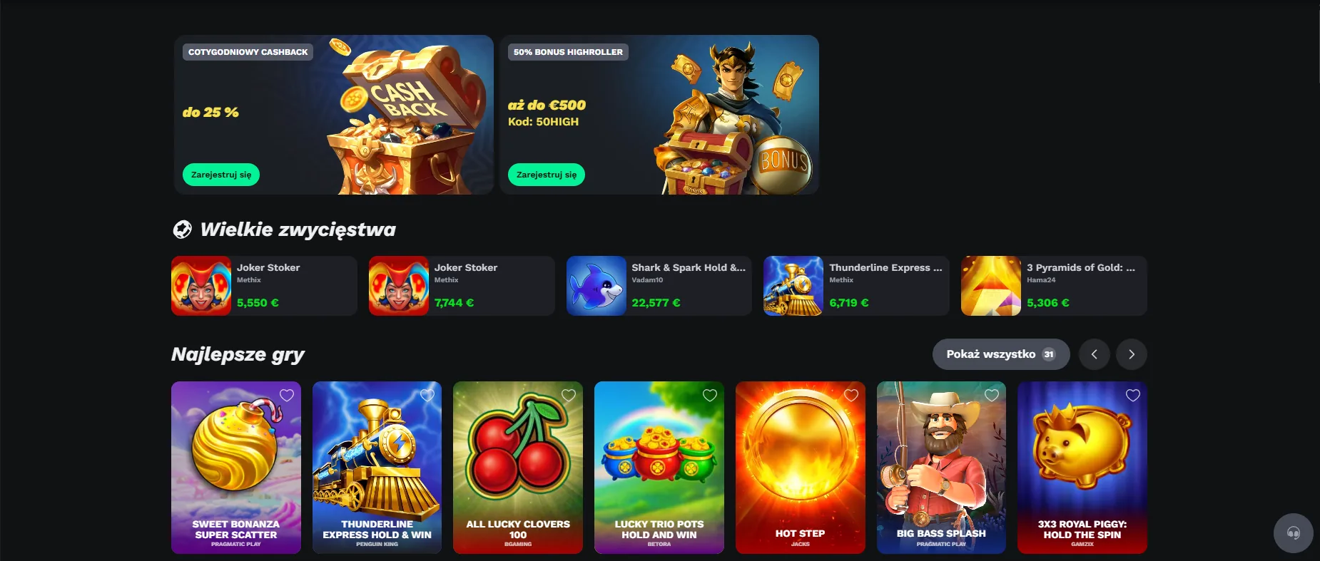 BetonRed casino lobby — karty promocyjne: cotygodniowy cashback do 25% i Deposit Bonus 80% do 500 EUR z kodem GODHELP, slot collection «Wielkie Zwycięstwa»