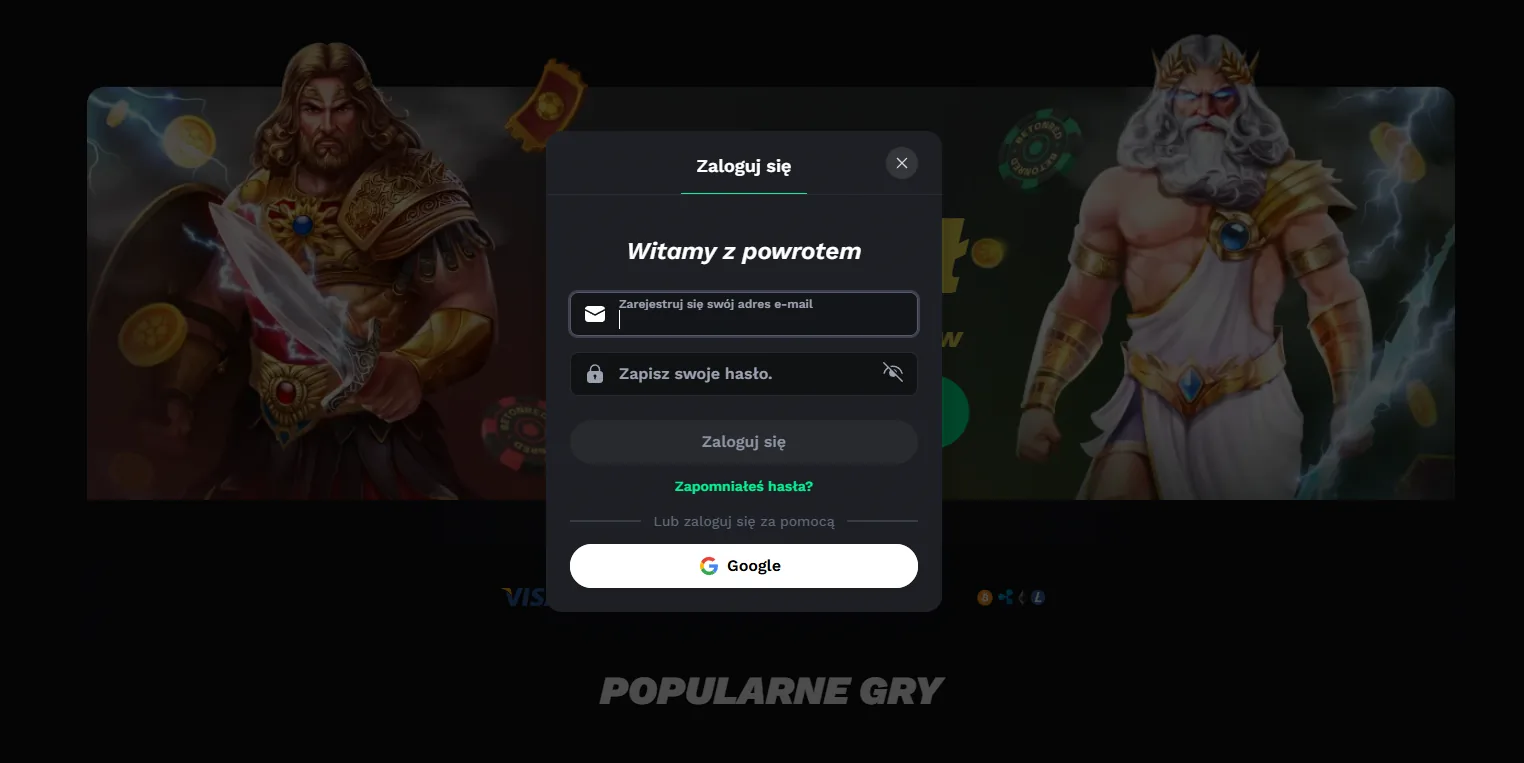 BetonRed — modal logowania / rejestracji «Witamy z powrotem» z polami email i hasło na tle slot-art z Herkulesem i Zeusem