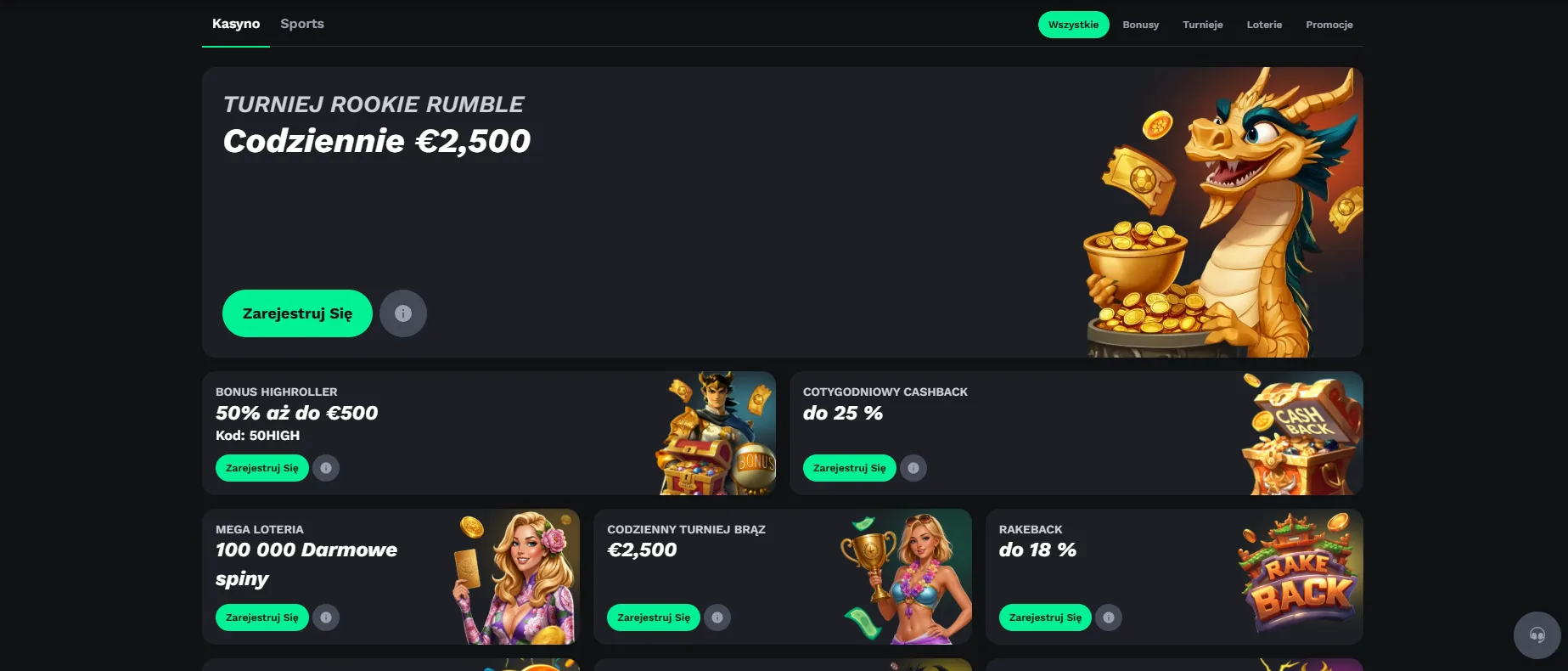BetonRed strona Promocje — Turniej Rookie Rumble 2500 EUR + bonus 50% do 500 zł, cotygodniowy cashback 25%, 100 000 darmowych spinów, rakeback 10%