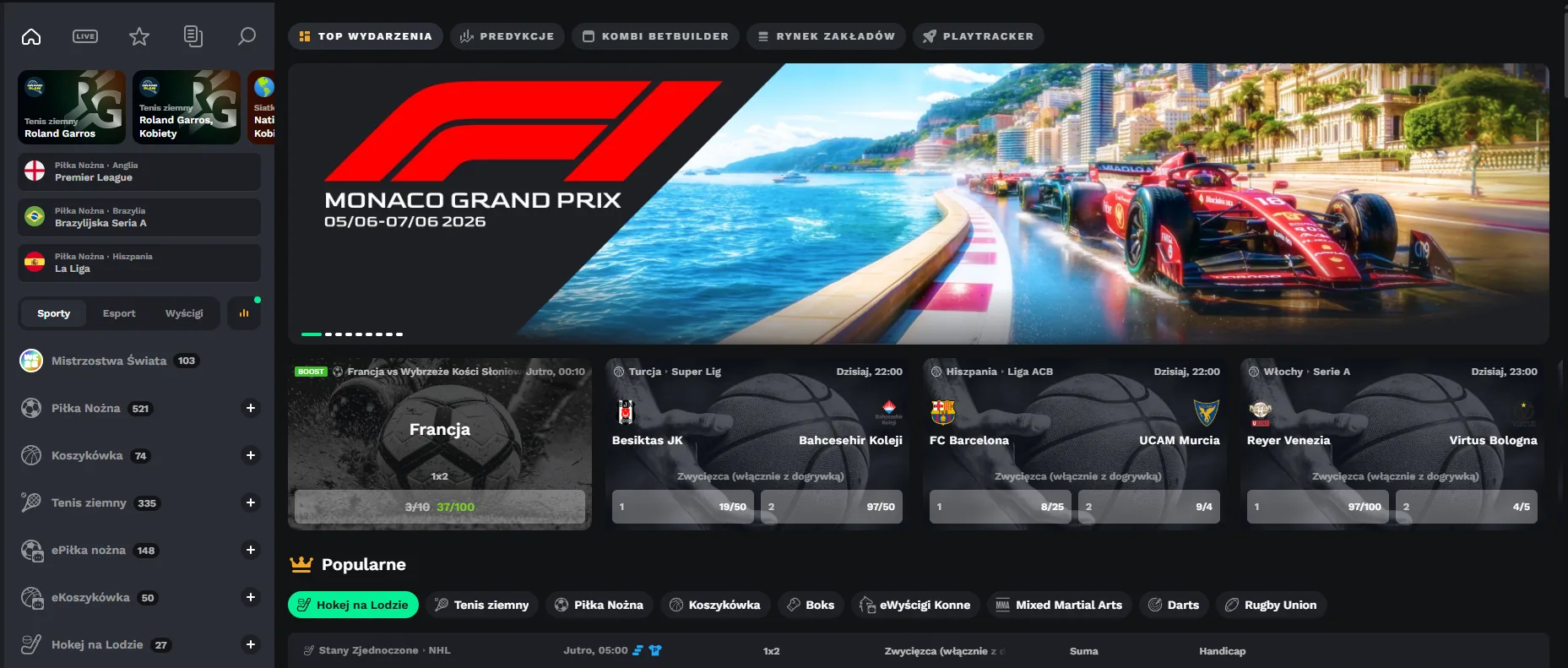 BetonRed Sports — F1 Monaco Grand Prix banner z meczami na żywo, opcje typowania top wydarzenia